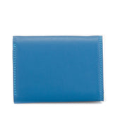 Black Mywalit mini tri-fold wallet with multiple card slots and compact design, featuring colorful accents and branding.