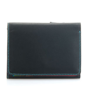 Black Mywalit small tri-fold wallet with multiple card slots and a secure fold-over design, ideal for compact everyday use.
