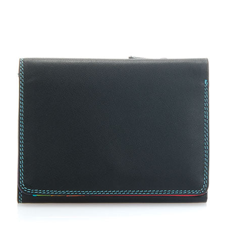 Black Mywalit small tri-fold wallet with multiple card slots and a secure fold-over design, ideal for compact everyday use.
