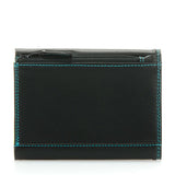 Black Mywalit small tri-fold wallet with multiple card slots and a compact design, made of high-quality leather.