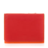 Black Mywalit small tri-fold wallet with multiple card slots and a coin pocket, crafted from leather.