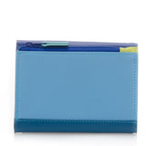 Black Mywalit small tri-fold wallet with multiple card slots and compact design, crafted from high-quality leather.