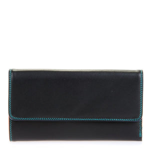 Black Mywalit tri-fold zip wallet with multiple compartments and card slots, showcasing its stylish and functional design.