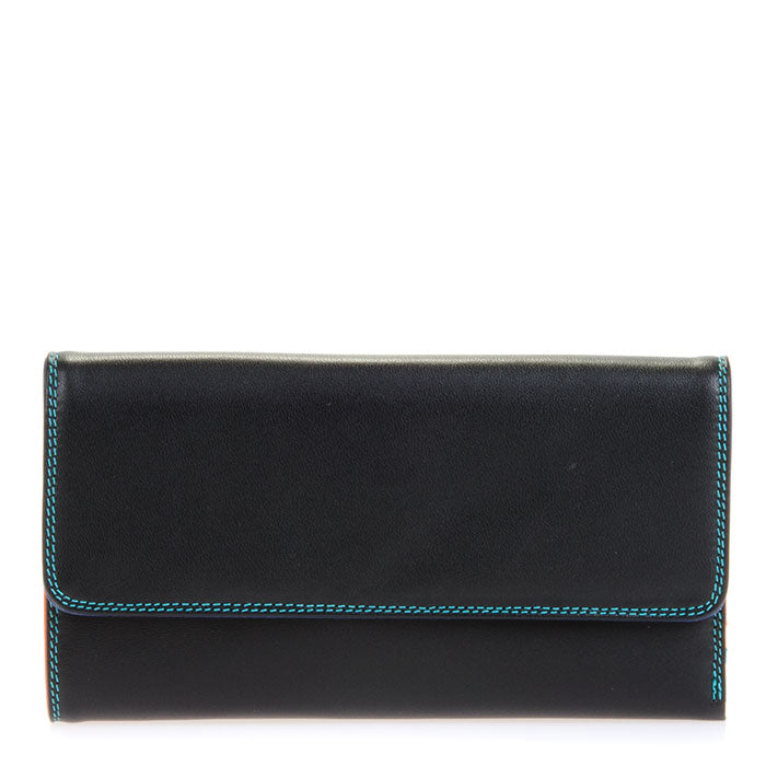 Black Mywalit tri-fold zip wallet with multiple compartments and card slots, showcasing its stylish and functional design.