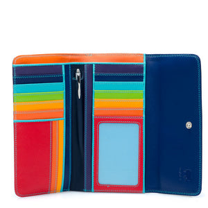 Black Mywalit tri-fold zip wallet with multiple card slots and a secure zipper closure, designed for organized everyday use.