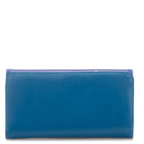 Black Mywalit tri-fold zip wallet with multiple card slots and a secure zipper closure, crafted from high-quality leather.