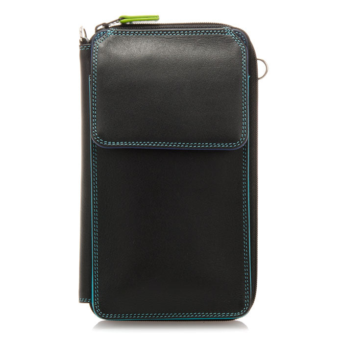 Black Mywalit zip round multi purse with shoulder strap, featuring colorful interior and compact wallet design.