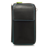 Black Mywalit zip round multi purse with shoulder strap, featuring colorful interior and compact wallet design.