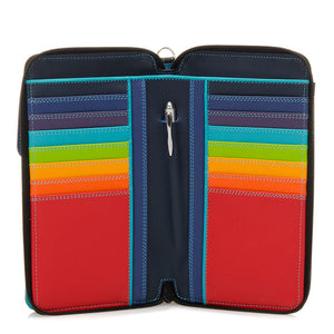 Mywalit zip round multi purse with shoulder strap, black leather wallet featuring colorful accents and multiple compartments.