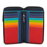 Mywalit zip round multi purse with shoulder strap, black leather wallet featuring colorful accents and multiple compartments.