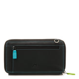 Mywalit Zip Round Multi Purse with Shoulder Strap in black leather, featuring colorful interior compartments and multiple card slots.