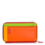 Black Mywalit zip round multi purse with shoulder strap, featuring colorful interior compartments and stylish leather design.
