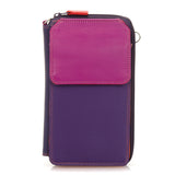 Mywalit Zip Round Multi Purse with Shoulder Strap in black leather, featuring colorful accents and multiple compartments.