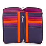 Mywalit black zip-round multi-purpose purse with shoulder strap, compact wallet with multiple compartments and colorful design.