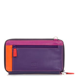 Mywalit black zip-round multi purse with shoulder strap, featuring colorful interior design and multiple compartments.