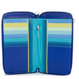 Black Mywalit zip-round multi purse with shoulder strap, compact wallet featuring colorful interior and multiple card slots.