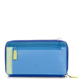 Mywalit zip round multi-purpose purse with shoulder strap, black leather wallet featuring colorful accents and multiple compartments.