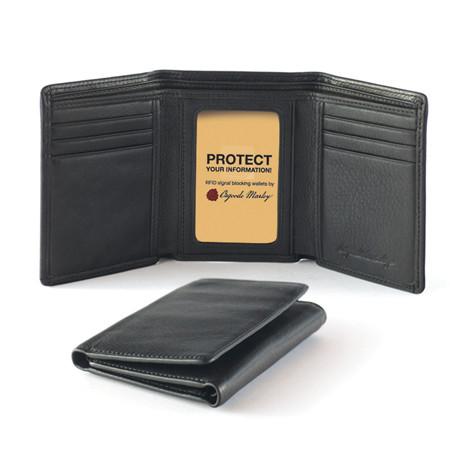 Black Osgoode Marley RFID trifold wallet with multiple card slots and a secure coin pocket, made from durable leather.