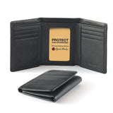 Black Osgoode Marley RFID trifold wallet with multiple card slots and a secure coin pocket, made from durable leather.