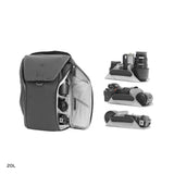 Black Peak Design Everyday Backpack open to reveal organized interior with compartments and padded sections for tech and essentials.