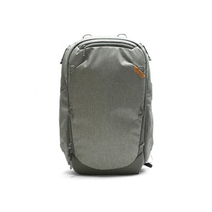 Peak Design Travel Backpack 45L in sage color, showing the spacious design and durable material of the backpack.