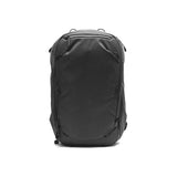 Peak Design Travel Backpack 45L showing multiple compartments, padded shoulder straps, and sleek black design.