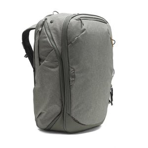 Peak Design Travel Backpack 45L in sage green, showing the spacious main compartment and durable exterior design.