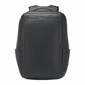 Porsche Design Roadster Backpack M in black with multiple compartments and padded shoulder straps on a plain background.