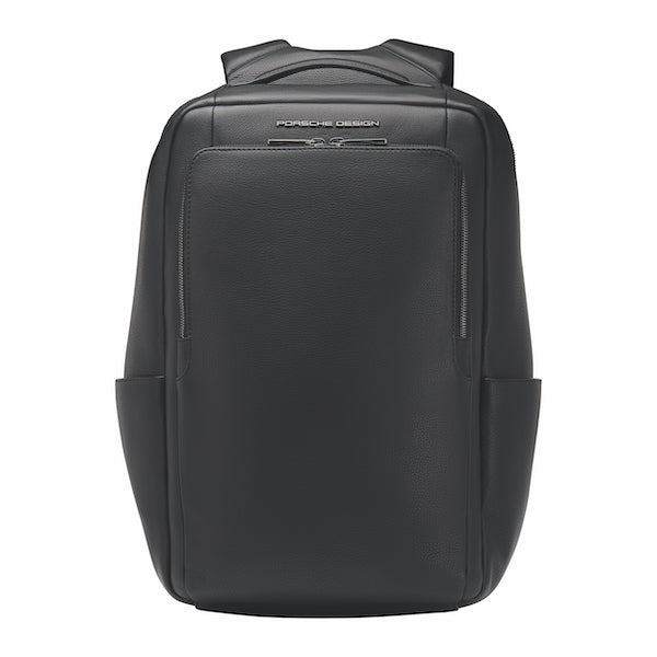 Porsche Design Roadster Backpack M in black with multiple compartments and padded shoulder straps on a plain background.