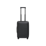 Matte black Porsche Design Roadster 21-inch spinner carry-on luggage with four wheels and sleek modern design.