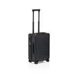 Matte black Porsche Design Roadster 21-inch spinner carry-on luggage with four wheels and sleek modern design.