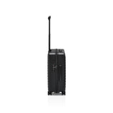 Matte black Porsche Design Roadster 21-inch spinner carry-on luggage with four wheels and sleek modern design.