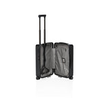 Matte black Porsche Design Roadster 21-inch spinner carry-on luggage with four wheels and sleek design.