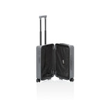 Matte black Porsche Design ROADSTER 21-inch spinner carry-on luggage with four wheels and sleek modern design.