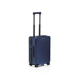 Matte black Porsche Design Roadster 21-inch spinner carry-on luggage with four wheels and sleek modern design.