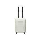 Matte black Porsche Design Roadster 21-inch carry-on spinner luggage with four wheels and sleek modern design.