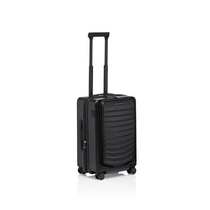 Matte black Porsche Design Roadster 21-inch expandable spinner carry-on luggage with four wheels and sleek modern design.