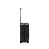 Matte black Porsche Design Roadster 21-inch expandable carry-on luggage with spinner wheels and sleek modern design.