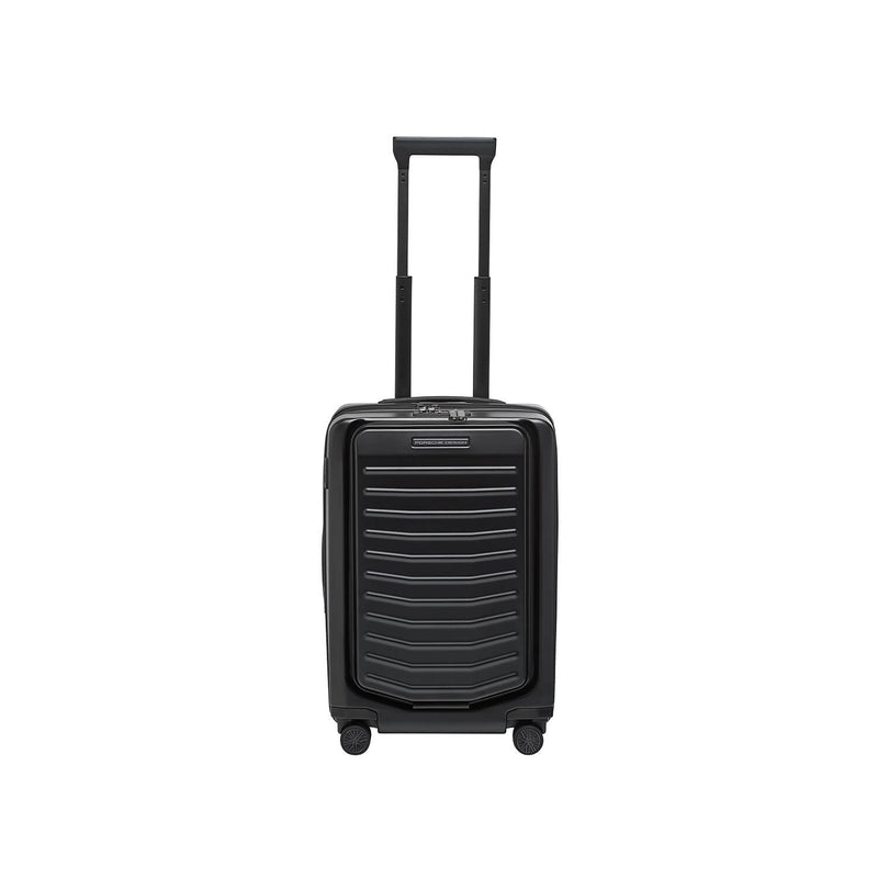 Matte black Porsche Design Roadster 21-inch expandable carry-on luggage with spinner wheels and sleek design.