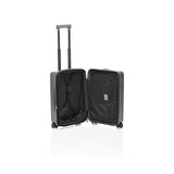 Matte black Porsche Design Roadster 21-inch expandable spinner carry-on luggage with four wheels and ergonomic handle.