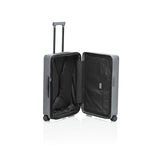 Matte black Porsche Design Roadster 27-inch expandable spinner luggage with four wheels and sleek modern design.