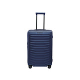 Matte black Porsche Design Roadster 27-inch expandable spinner luggage with four wheels and sturdy handle for easy travel.