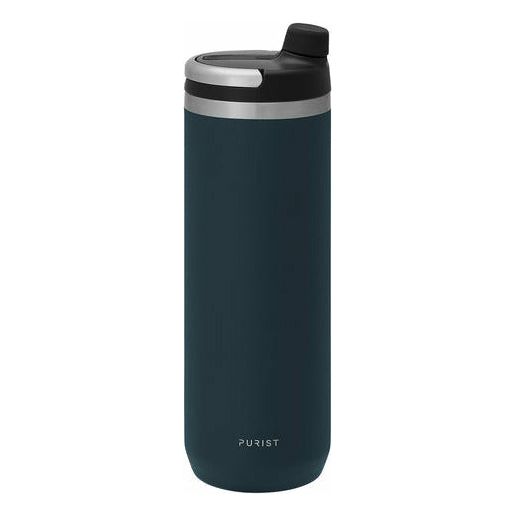 Black Purist Mover 18oz water bottle with a sleek design, featuring the Purist logo and a secure screw-on lid.