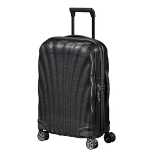 Black Samsonite C-Lite carry-on spinner suitcase with four wheels and telescopic handle.