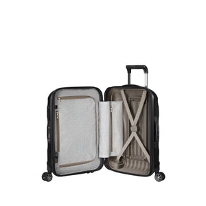 Black Samsonite C-Lite carry-on spinner suitcase with four wheels and telescopic handle, lightweight travel luggage.
