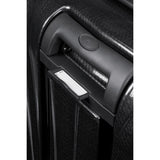 Black Samsonite C-Lite carry-on spinner suitcase with four wheels and telescopic handle, lightweight and durable travel luggage.