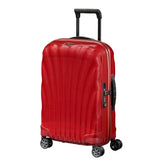 Black Samsonite C-Lite carry-on spinner suitcase with four wheels and telescopic handle for easy travel.