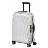 Black Samsonite C-Lite carry-on spinner suitcase with four wheels and telescopic handle for easy travel.