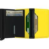 Secrid Slimwallet in matte black and yellow, open to show card slots and interior compartments for cards and cash.