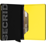 Secrid Slimwallet in matte black with yellow accents, semi-open showing card slots and compact design for easy organization.